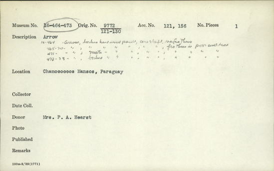 Documentation associated with Hearst Museum object titled Arrow, accession number 16-469, described as Arrow, barbed hardwood point, cane shaft, feathers in poor condition.