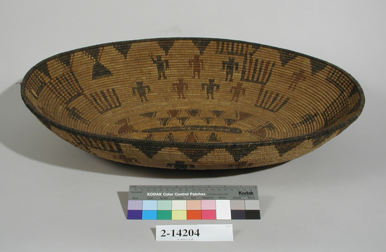 Hearst Museum object 1 of 3 titled Basket, accession number 2-14204, described as Large, oval, coiled, shallow. Black, brown design, human figures. Polychrome (dark brown, red figures).