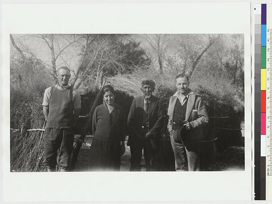 Hearst Museum object titled Black-and-white negative, accession number 15-7767, described as Mr. Shelton (left), Mrs. Shelton, Francisco Nombrie, Henry Koepke (right).