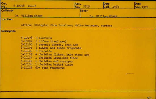 Documentation associated with Hearst Museum object titled Handaxe, accession number 5-10099, described as Five bifaces (hand axes)