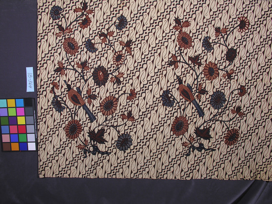 Hearst Museum object titled Sarong, accession number 18-364, described as Batik; pheasant and floral motifs. 41 1/2 x 101 inches.