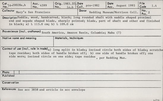 Documentation associated with Hearst Museum object titled Paddle, accession number 16-20028, no description available.