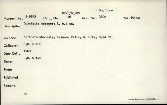 Documentation associated with Hearst Museum object titled Scraper, accession number 5-5542, described as Quartzite scraper; L. 8.5 cm