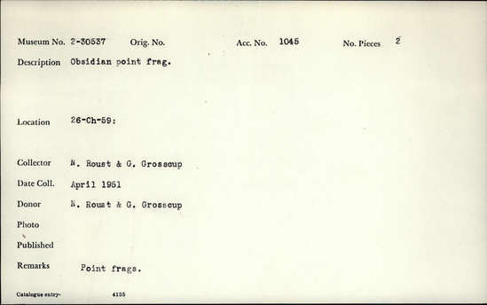 Documentation associated with Hearst Museum object titled Point, accession number 2-30537, described as Obsidian point fragment