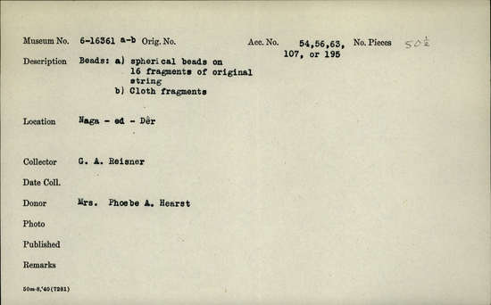 Documentation associated with Hearst Museum object titled Beads, accession number 6-16361, described as Beads: a) spherical beads on 16 fragments of original string b) cloth fragments