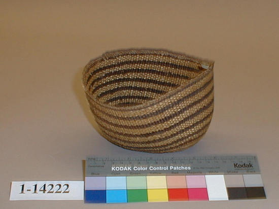 Hearst Museum object titled Cooking basket, accession number 1-14222, described as Cooking basket; twined. Warp is twisted Tule (Schoenoplectus acutus), weft is twisted Tule. White pattern is Reed (Phragmites vulgaris). Black dye is Tule root. Seven bands of black.