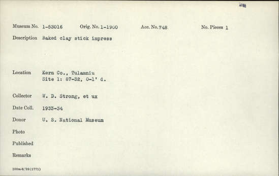 Documentation associated with Hearst Museum object titled Baked clay, accession number 1-53016, described as Stick impress