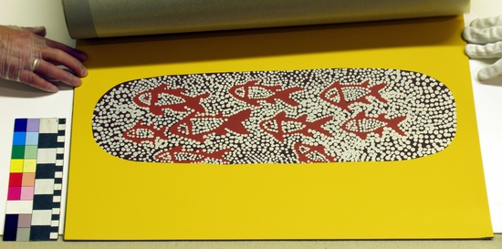 Hearst Museum object 6 of 6 titled Silkscreen, accession number 17-580a-e, described as Album of Aboriginal Australian designs. Fourth in a series of four.