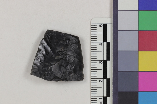 Hearst Museum object titled Flake fragment, accession number 16-14388, described as Projectile point fragment; obsidian; triangular; weight: 6.79 grams; length: 2.75 cm; width: 2.94 cm; depth: 0.75 cm.