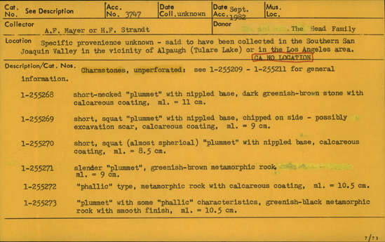 Documentation associated with Hearst Museum object titled Charmstone, accession number 1-255272, described as Unperforated charmstone; “phallic” type, metamorphic rock with calcareous coating