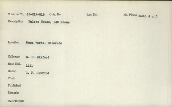 Documentation associated with Hearst Museum object titled Photograph, accession number 13-817, described as Palace House, 140 rooms