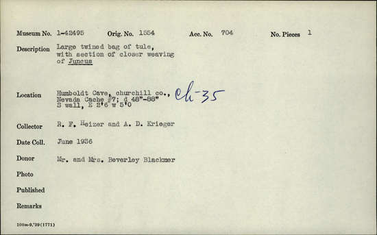 Documentation associated with Hearst Museum object titled Bag, accession number 1-42495, described as Large twined bag of tule, with section of closer weaving of Juncus.