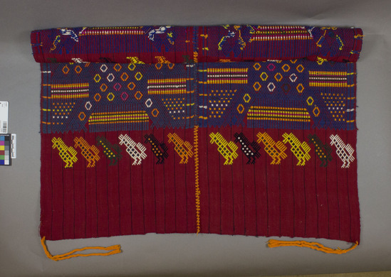 Hearst Museum object titled Tzute, accession number 3-16201, described as Tzute (headpiece) or servillete. Red cotton; black warp stripes; varicolored embroidery and brocade designs; orange tassels at corners; seamed up the middle.