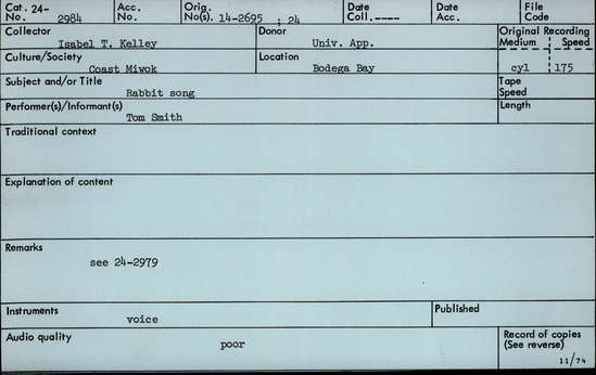 Documentation associated with Hearst Museum object titled Audio recording, accession number 24-2984, described as Rabbit Song