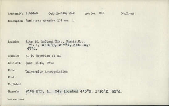 Documentation associated with Hearst Museum object titled Abrader, accession number 1-62643, described as Sandstone