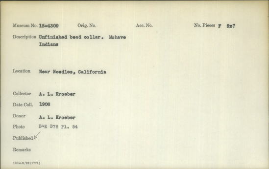 Documentation associated with Hearst Museum object titled Black-and-white negative, accession number 15-4309, described as Unfinished bead collar