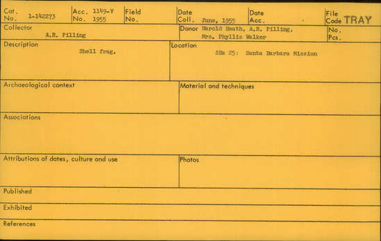 Documentation associated with Hearst Museum object titled Shell fragment, accession number 1-142273, described as Shell fragment.