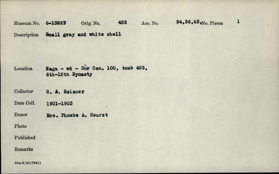 Documentation associated with Hearst Museum object titled Shell, accession number 6-13829, described as Small gray and white shell. [inv.: fish (?) amulet]