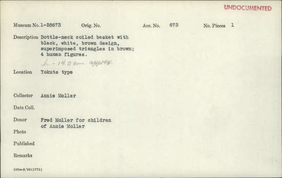 Documentation associated with Hearst Museum object titled Basket, accession number 1-28673, described as Bottle-neck, coiled. Black, white, brown design superimposed triangles in brown; 4 human figures.