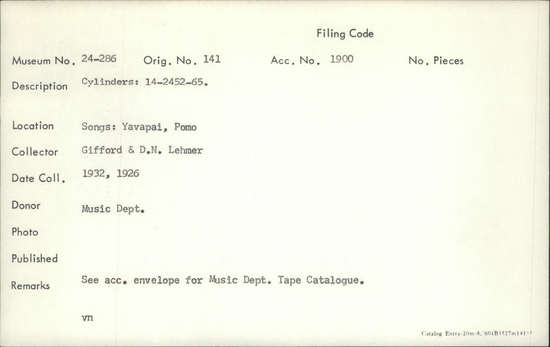 Documentation associated with Hearst Museum object titled Audio recording, accession number 24-286, described as Songs: Yavapai, Pomo. See acc. envelope for music dept. tape catalogue. Cylinders: 14-2452-65.