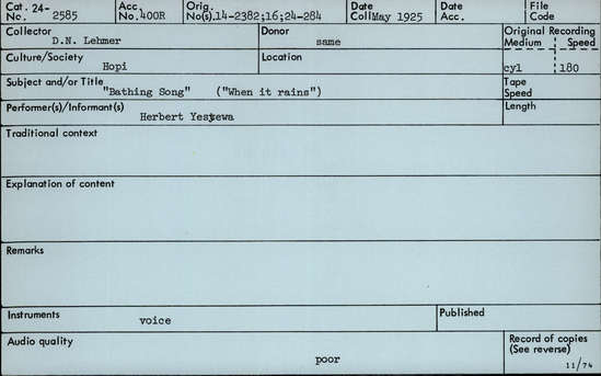 Documentation associated with Hearst Museum object titled Audio recording, accession number 24-2585, described as Bathing Song ("When it rains")