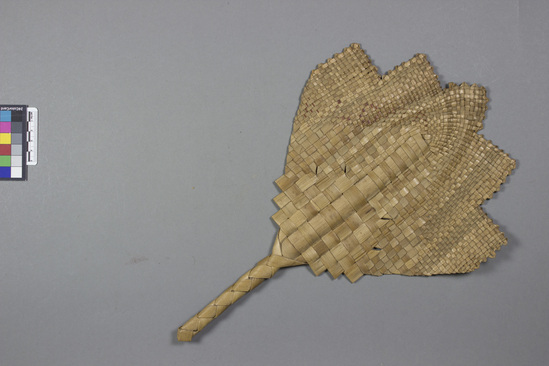 Hearst Museum object titled Fan, accession number 11-2636, described as Fan with serrated edges made of pandanus