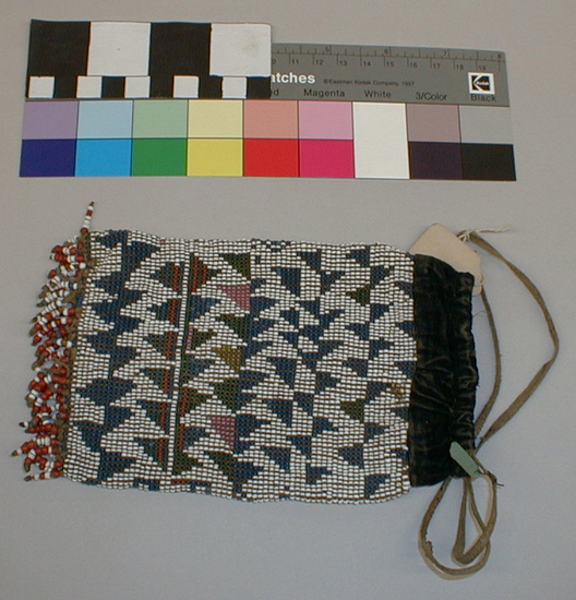 Hearst Museum object titled Bag, accession number 2-13281, described as Bead bag, buckskin drawstring.