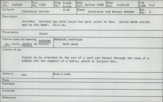 Documentation associated with Hearst Museum object titled Netsuke, accession number 9-8968, described as netsuke: bearded man with large hat puts arrow to bow. Quiver with curled end on his back. 10.4 cm.