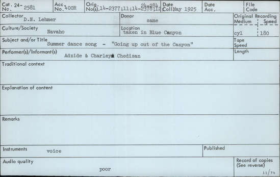 Documentation associated with Hearst Museum object titled Audio recording, accession number 24-2581, described as Summer Dance Song:"Going up out of the Canyon