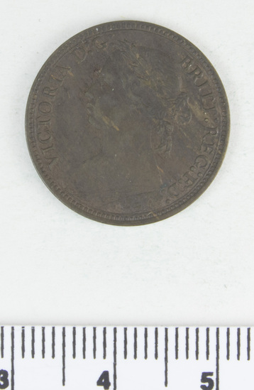 Hearst Museum object titled Coin, accession number 7-2813, described as Obverse- VICTORIA D:G:BRITT:REG:F:D: Reverse- FARTHING 1878; 2.86 grams.