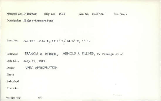 Documentation associated with Hearst Museum object titled Sinker hammerstone, accession number 1-109339, described as Sinker- hammerstone