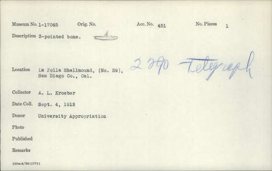 Documentation associated with Hearst Museum object titled Faunal remains, accession number 1-17065, described as 3-pointed bone.  (Filed under faunal remains)