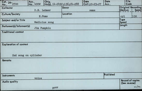 Documentation associated with Hearst Museum object titled Audio recording, accession number 24-2700, described as Medicine Song