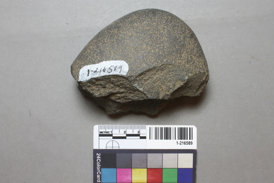 Hearst Museum object titled Chopper, accession number 1-216589, described as Broken cobble chopper