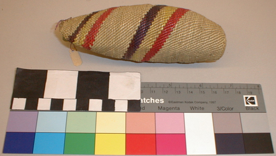 Hearst Museum object titled Rattle, accession number 2-14252a,b, described as Mussel shell rattle completely enclosed in twined basketry; purple, red, yellow bands on straw-colored material.