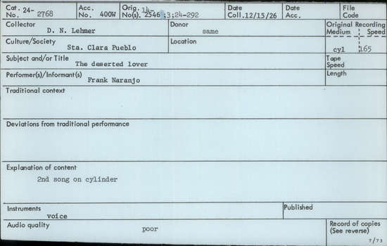 Documentation associated with Hearst Museum object titled Audio recording, accession number 24-2768, described as The Deserted Lover