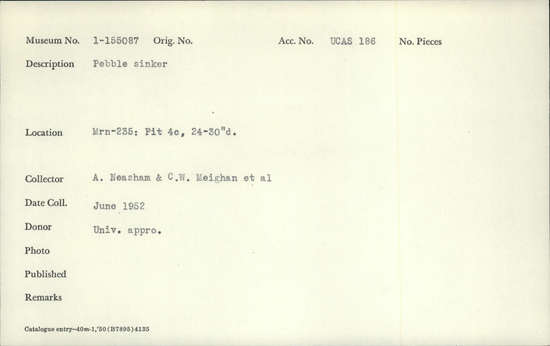 Documentation associated with Hearst Museum object titled Sinker (fishing), accession number 1-155087, described as pebble sinker Notice: Image restricted due to its potentially sensitive nature. Contact Museum to request access.