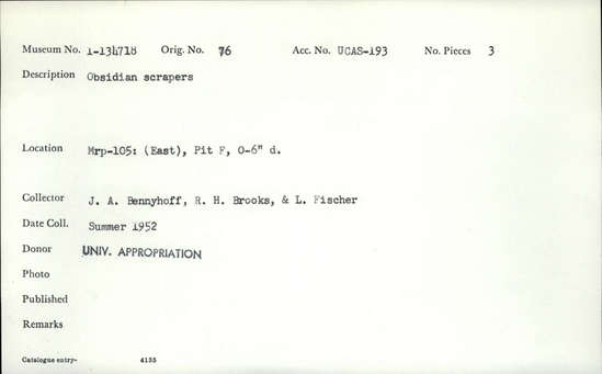Documentation associated with Hearst Museum object titled Scrapers, accession number 1-134718, described as Obsidian scrapers.