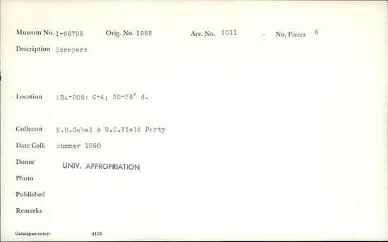 Documentation associated with Hearst Museum object titled Scrapers, accession number 1-96795, described as Scrapers.