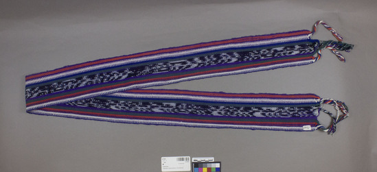 Hearst Museum object titled Belt, accession number 3-27367, described as belt; cotton warp face; warp stripes in red, green, purple, white; ikat design on center stripe; l. 1.86 M.