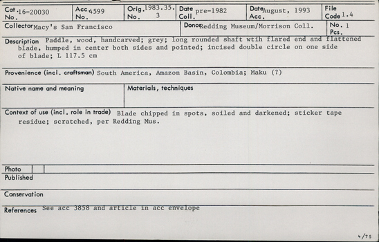 Documentation associated with Hearst Museum object titled Paddle, accession number 16-20030, no description available.