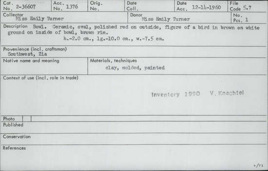 Documentation associated with Hearst Museum object titled Bowl, accession number 2-36607, described as Ceramic, oval, polished red on outside. Figure of a bird in brown on white ground on inside of bowl. Brown rim. Molded, painted.