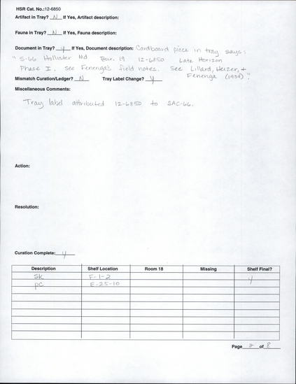 Documentation associated with Hearst Museum object titled Human remains and samples, accession number 12-6850, described as The nearly complete remains of one old adult male. Includes sample.