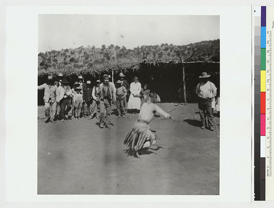 Hearst Museum object titled Black-and-white negative, accession number 15-4241, described as The "squat" or "crouch" introduced in the third figure of the Tatahuila dance