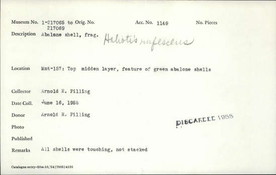 Documentation associated with Hearst Museum object titled Shell fragment, accession number 1-217065, described as abalone shell, frag.