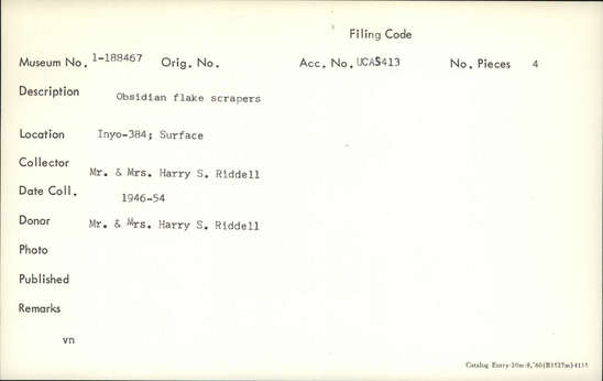 Documentation associated with Hearst Museum object titled Scrapers, accession number 1-188467, described as Obsidian flake scrapers.