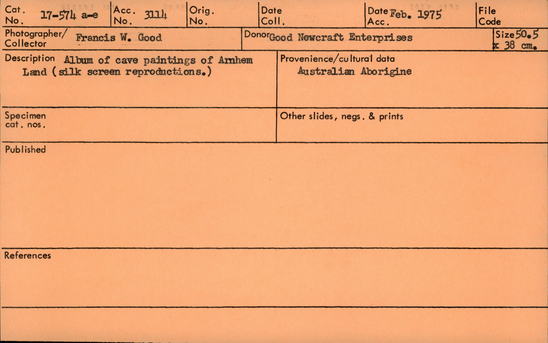 Documentation associated with Hearst Museum object titled Silkscreen, accession number 17-574a-e, described as Album of cave paintings of Arnhemland.