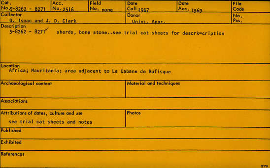 Documentation associated with Hearst Museum object titled Flake, accession number 5-8265, described as flakes; irregular; various sizes; 34 tools, 9 cores