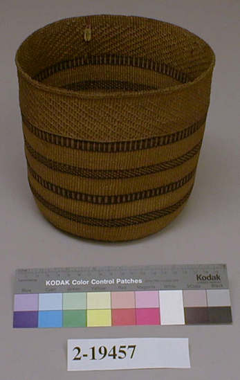 Hearst Museum object titled Basket, accession number 2-19457, described as Twined, cylindrical.  Dark brown barred bands.