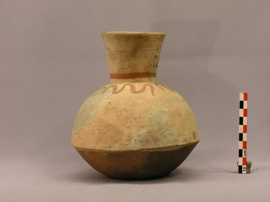 Hearst Museum object 7 of 9 titled Jar, accession number 4-3144, described as Small jar, horizontal ridge, red serpents about base of neck